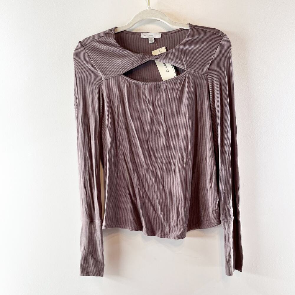 Allison Joy Chrissy Ribbed Twist Cutout Long Sleeve Tee Shirt Top Mocha XS